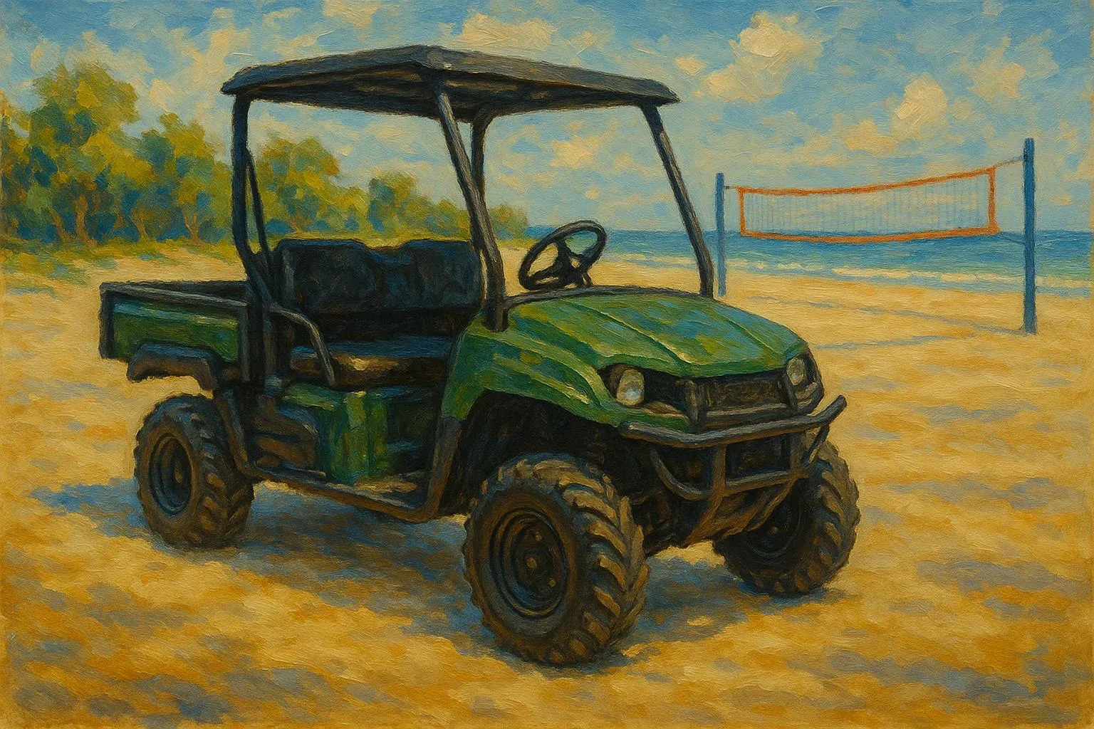 Gold buggy on a beach near a volleyball court